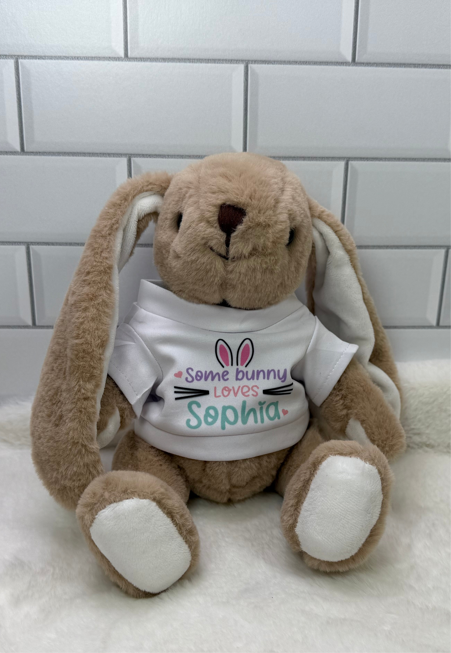 Custom Stuffed Bunny - Sitting, Soft, 9" with sublimated Customizable T-shirt