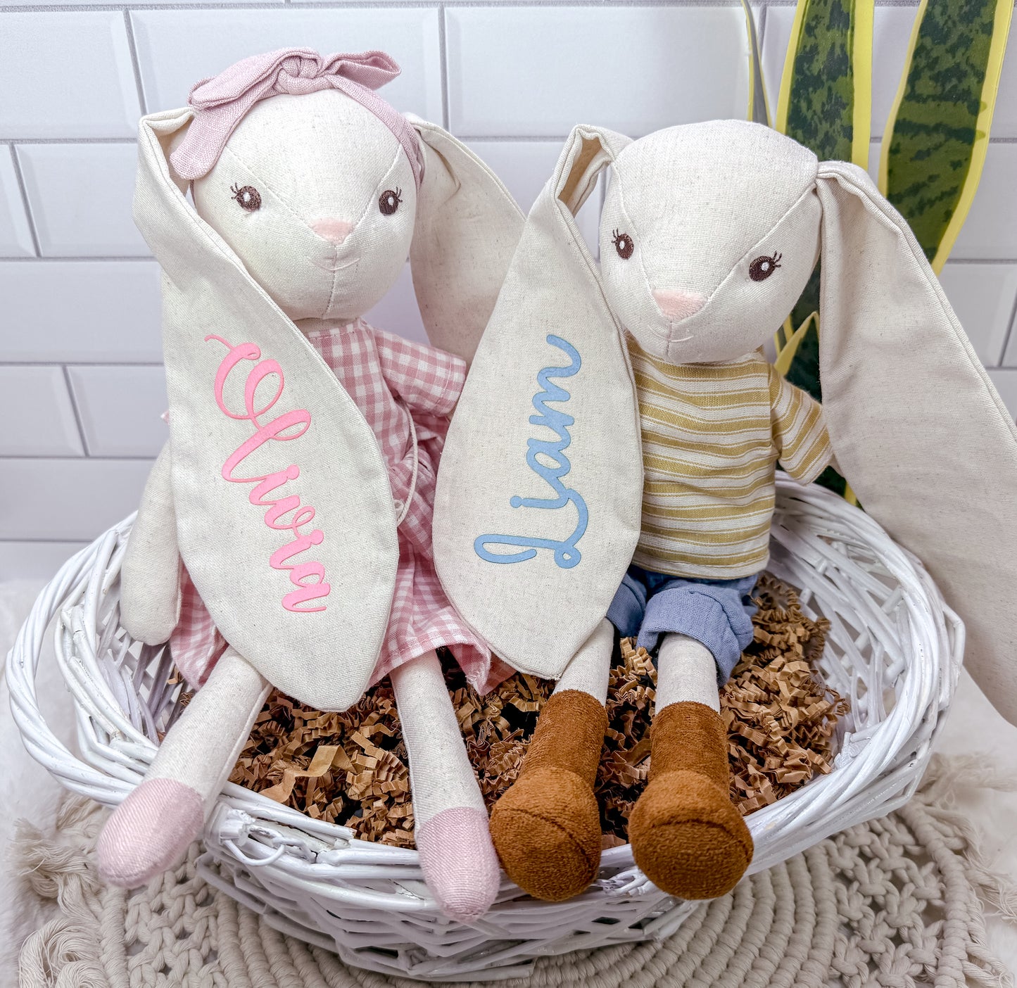 Custom Stuffed bunnies - personalized name on ears, handmade cotton linen stuffed bunnies for boy and girls