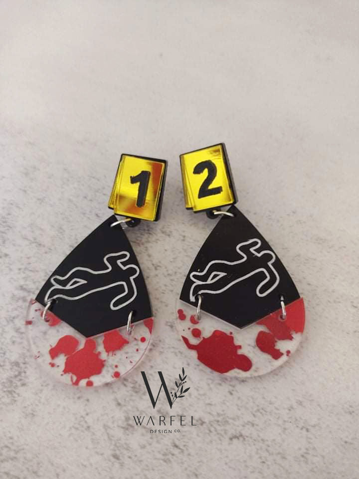 Chalk Outline Crime Scene Earrings – Acrylic with Mirror & Blood Splatter Design