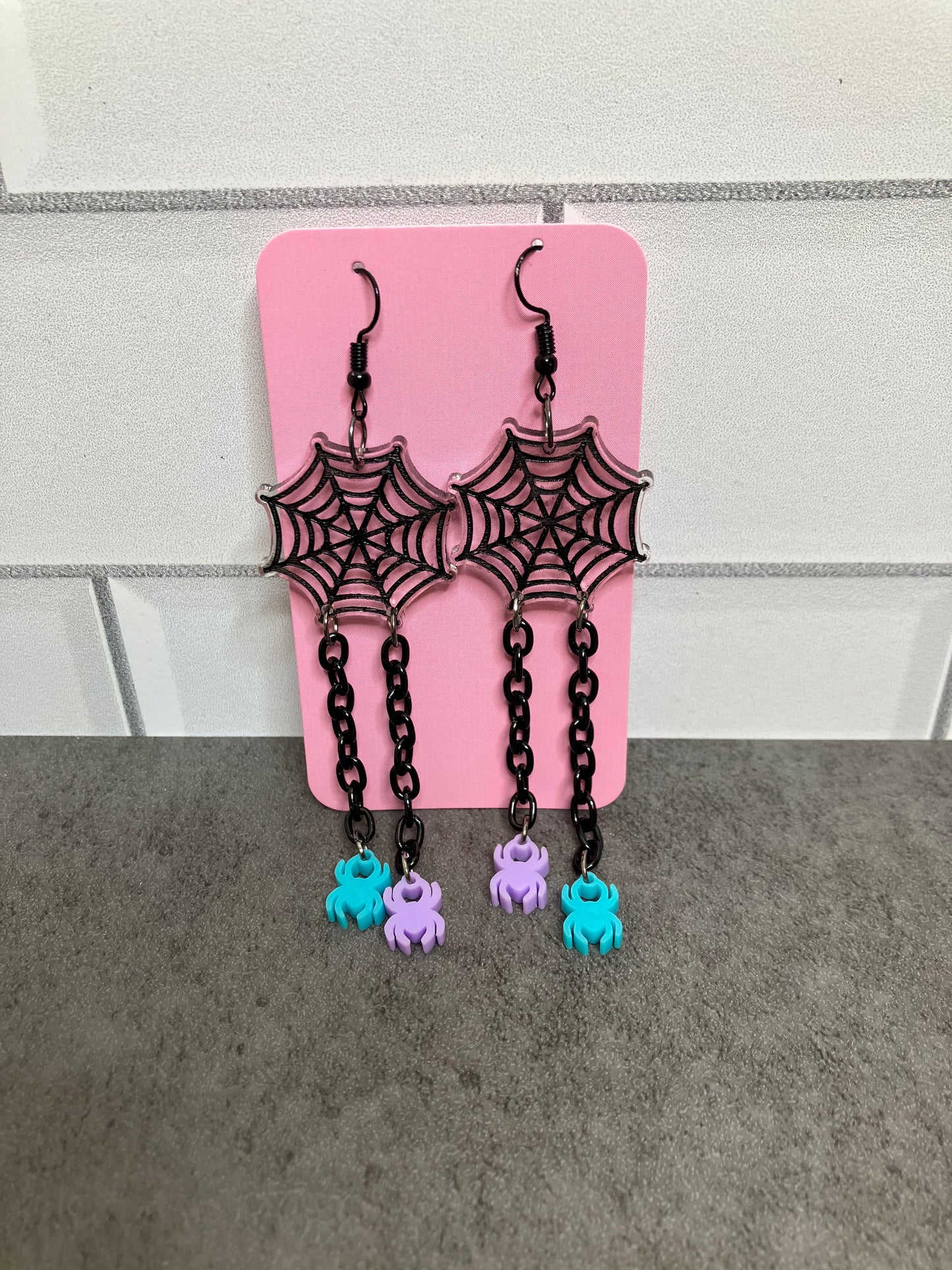 Spider Web Earrings with Black Chain and Colorful Spiders