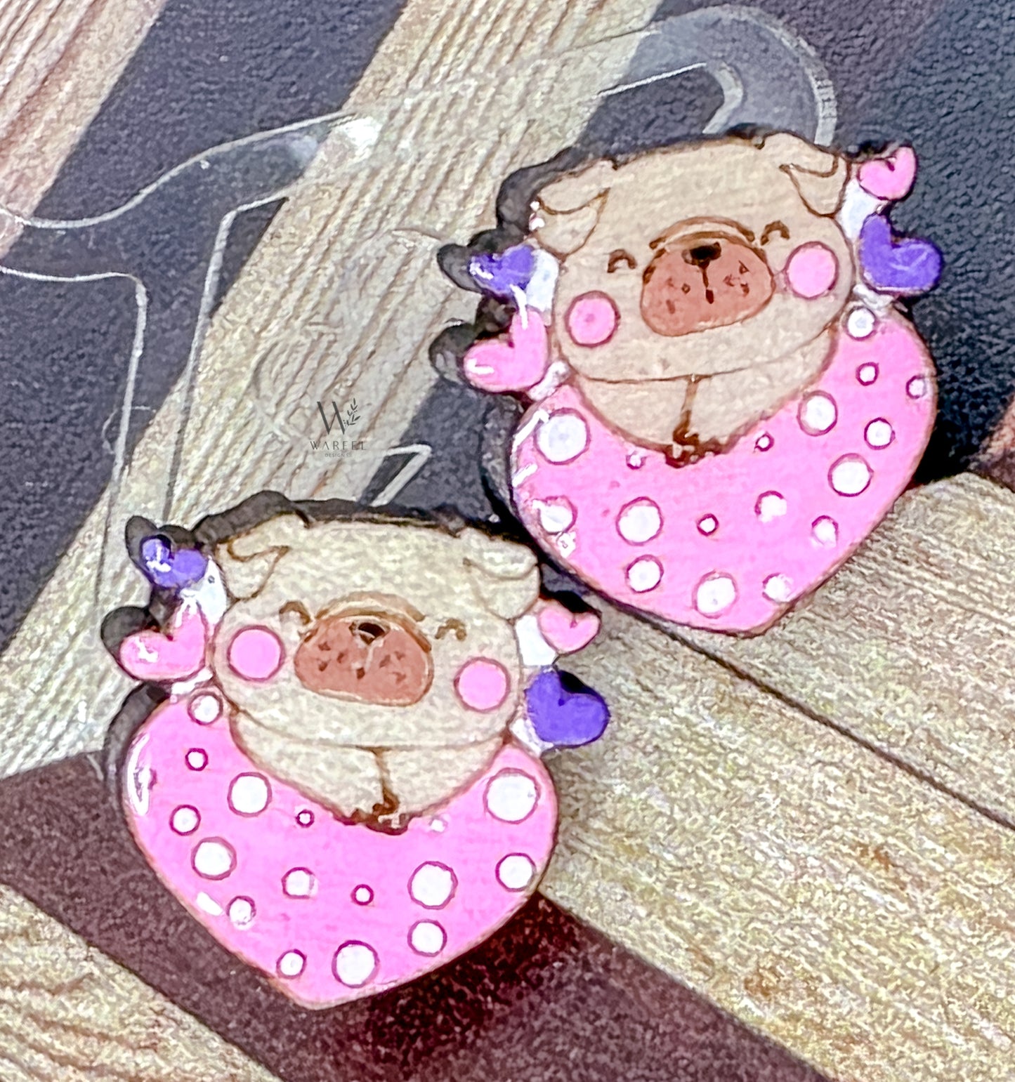 Pug Heart Stud Earrings – Hand-Painted Wood