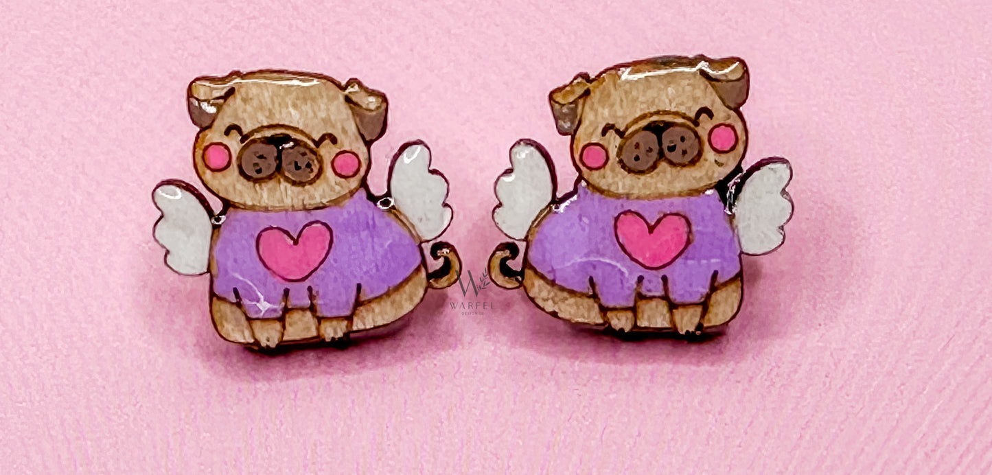 Pug Stud Earrings – Hand-Painted Wood