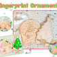 A set of three wooden Christmas ornaments with 'Fingerprint Ornaments' text, featuring a gingerbread house, a Christmas tree, and a 'Merry Christmas' message, accompanied by images showing the ornaments being painted and hung.