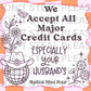 A digital image featuring a colorful graphic with text that reads 'We Accept All Major Credit Cards Especially Your Husband's', alongside a depiction of a flower-wearing hat and a globe.