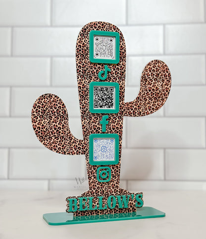 Leopard Print Cactus QR Code Sign: Custom Acrylic Small Business Display
