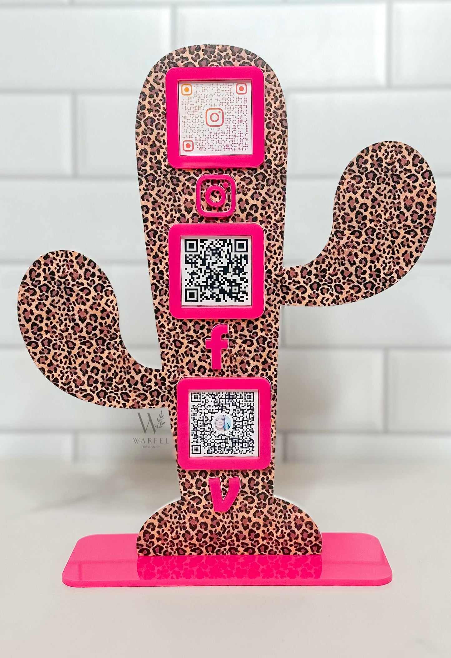 Leopard Print Cactus QR Code Sign: Custom Acrylic Small Business Display