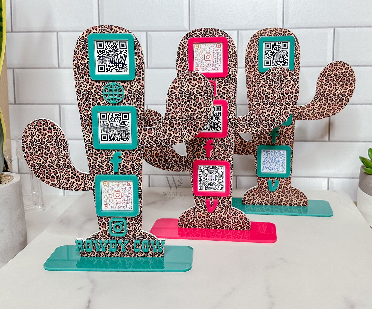 Leopard Print Cactus QR Code Sign: Custom Acrylic Small Business Display