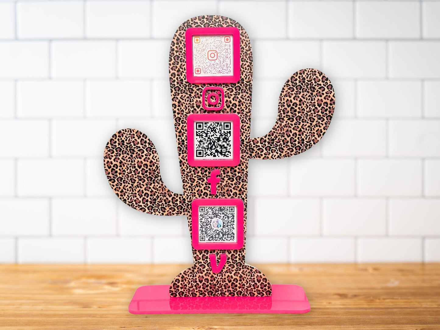 Leopard Print Cactus QR Code Sign: Custom Acrylic Small Business Display