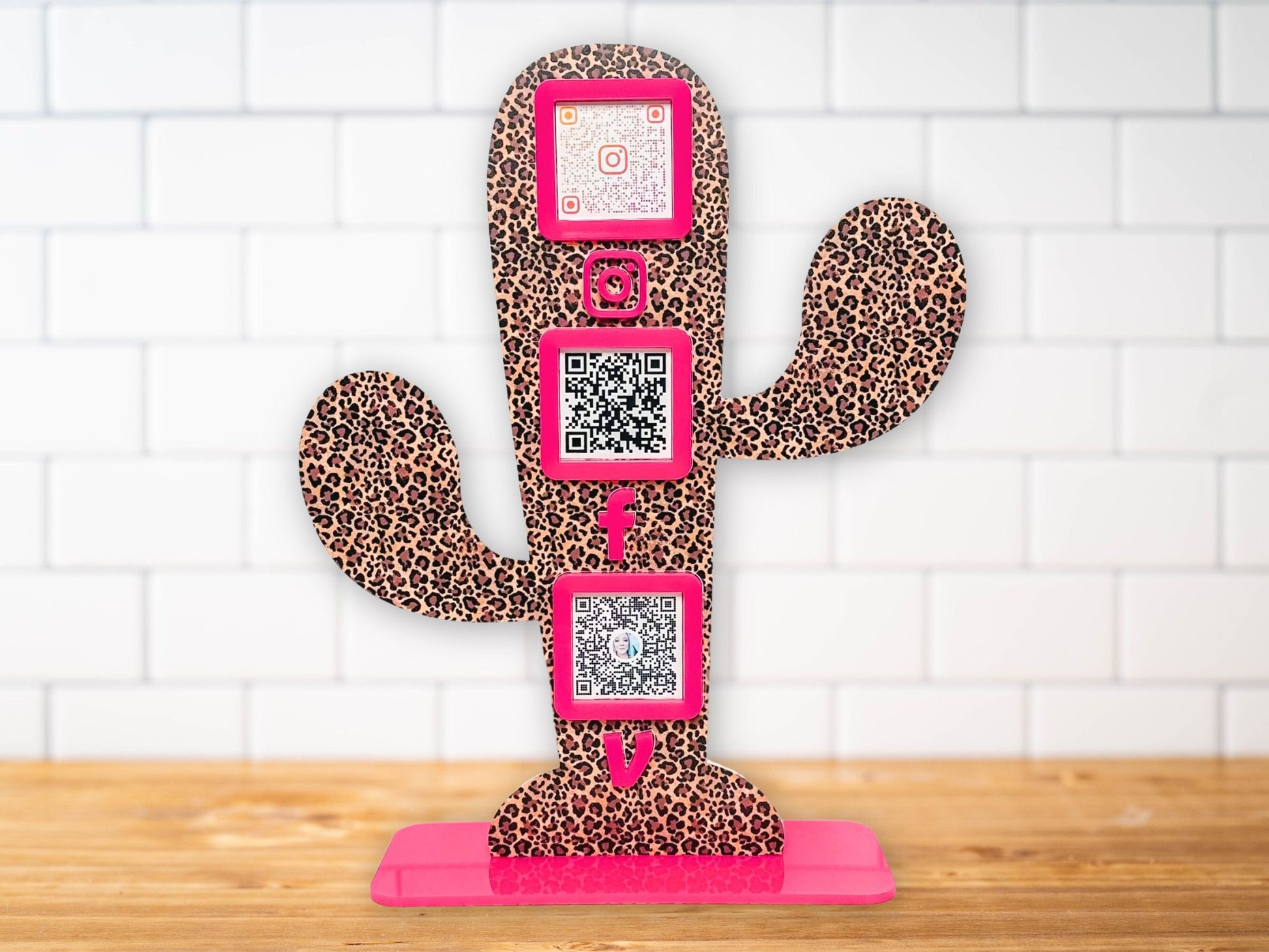 Leopard Print Cactus QR Code Sign: Custom Acrylic Small Business Display