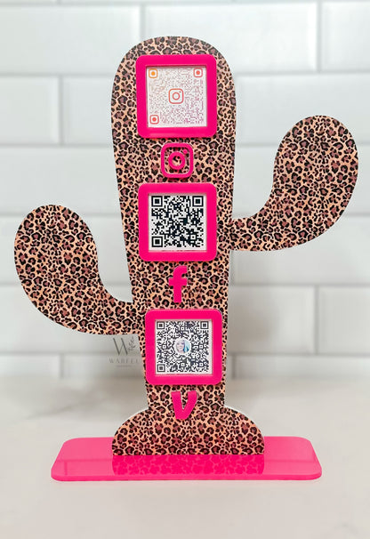 Leopard Print Cactus QR Code Sign: Custom Acrylic Small Business Display