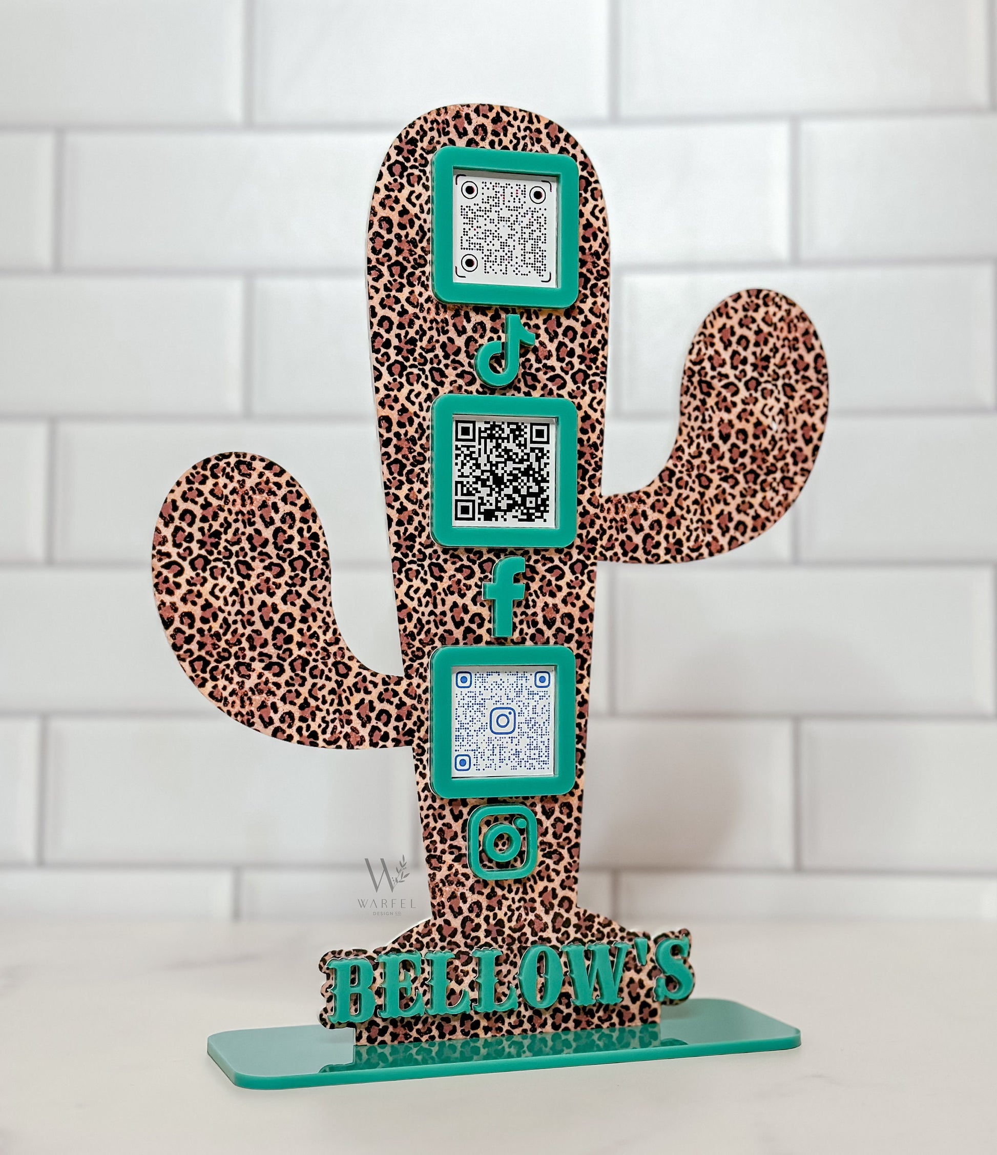 Leopard Print Cactus QR Code Sign: Custom Acrylic Small Business Display