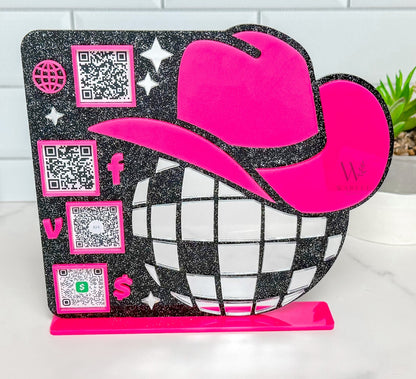 Cowgirl Disco Ball QR Code Sign: Custom Western Business Decor