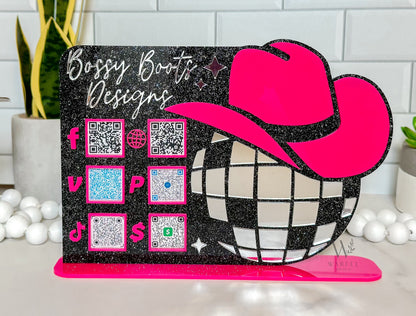 Cowgirl Disco Ball QR Code Sign: Custom Western Business Decor