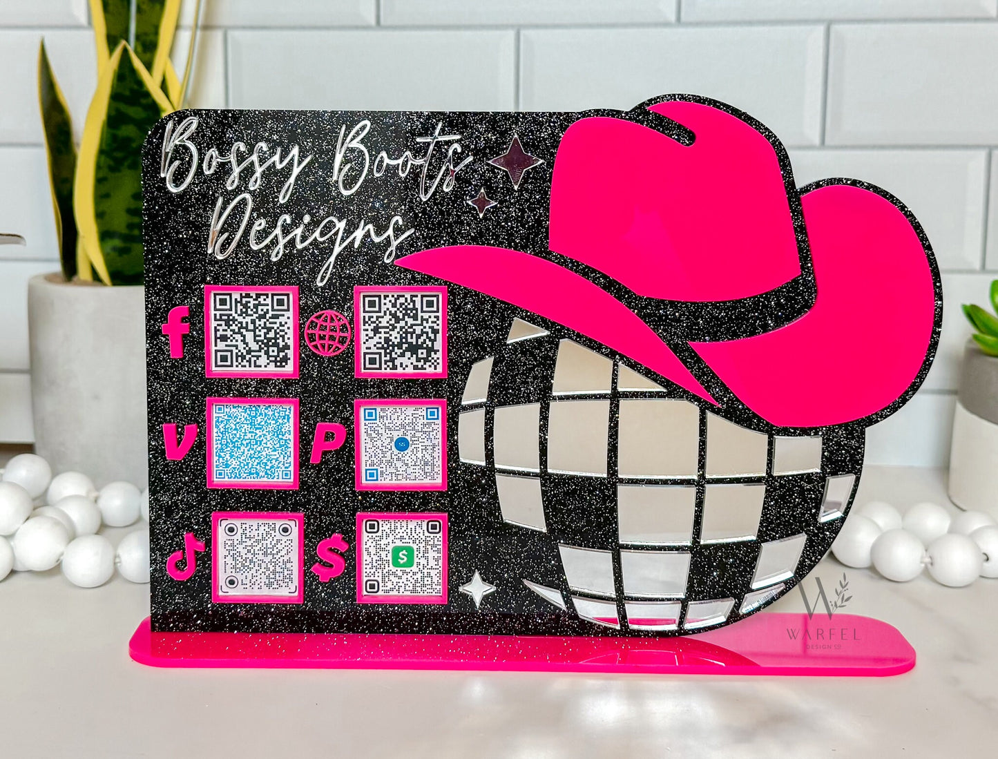 Cowgirl Disco Ball QR Code Sign: Custom Western Business Decor