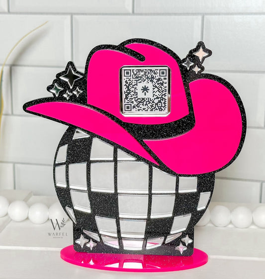 Cowgirl Disco Ball QR Code Sign: Custom Western Business Decor