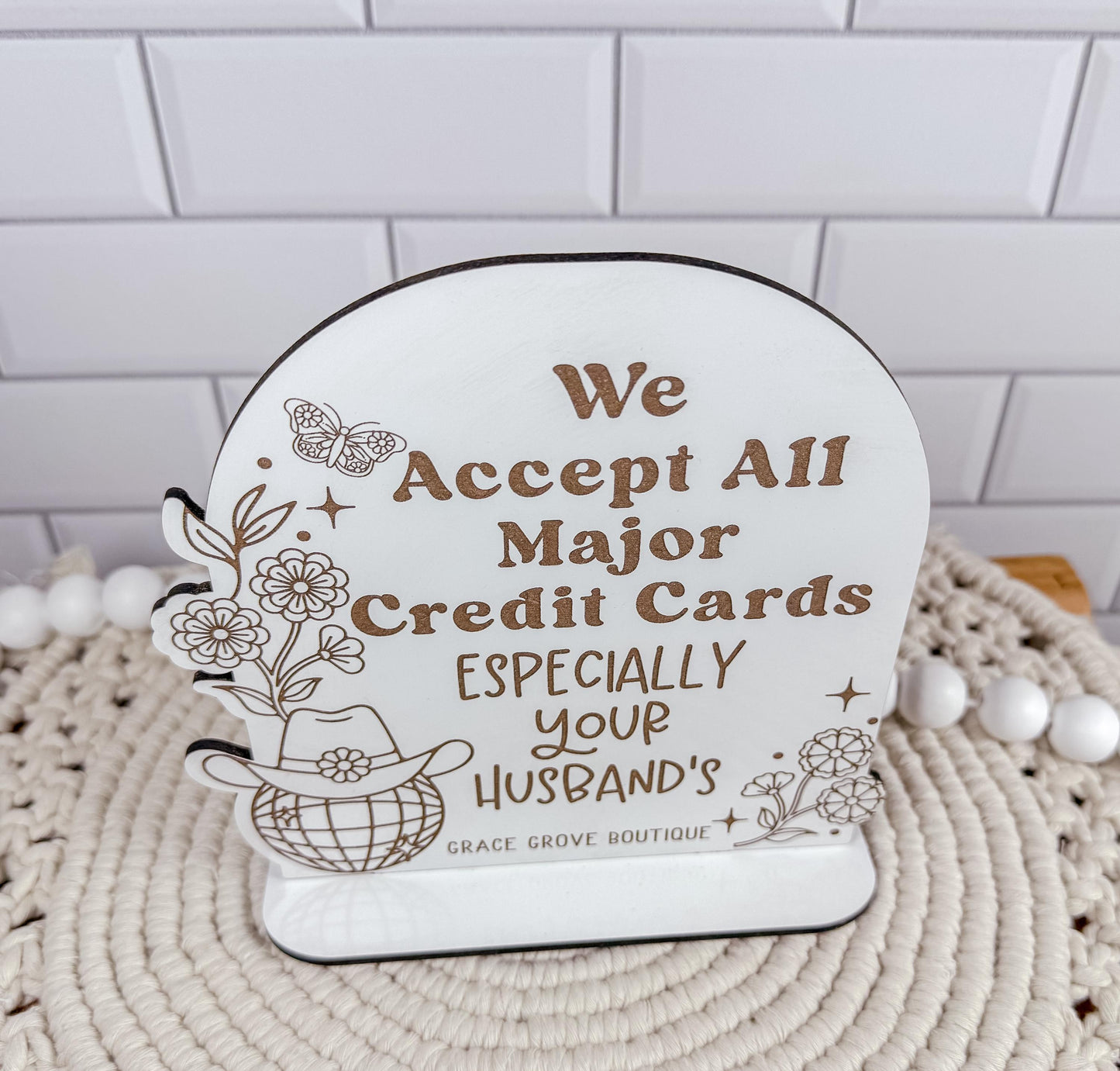 We Accept Credit Cards, Husband's credit cards, Custom Payment signs, Funny store signs for salons, shops, retail, Vendor events, Disco ball