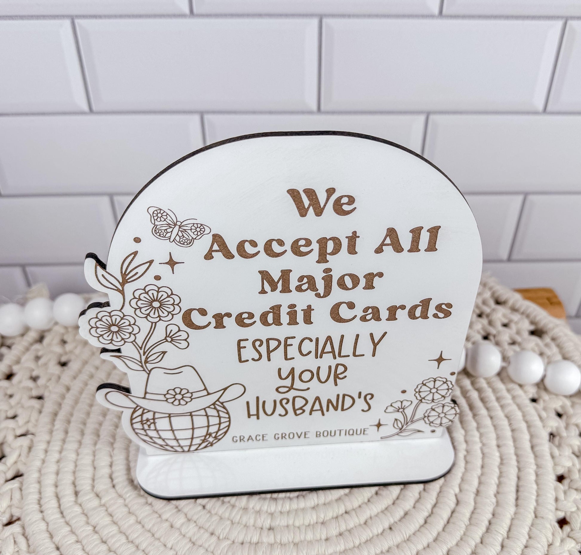 We Accept Credit Cards, Husband's credit cards, Custom Payment signs, Funny store signs for salons, shops, retail, Vendor events, Disco ball