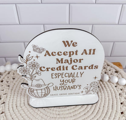 We Accept Credit Cards, Husband's credit cards, Custom Payment signs, Funny store signs for salons, shops, retail, Vendor events, Disco ball