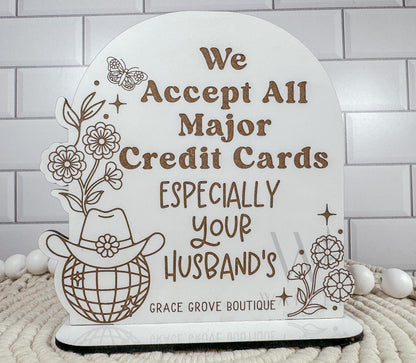 We Accept Credit Cards, Husband's credit cards, Custom Payment signs, Funny store signs for salons, shops, retail, Vendor events, Disco ball