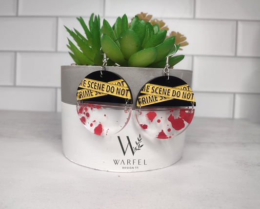 Blood Splatter Caution Tape Earrings – Hand-Painted Acrylic
